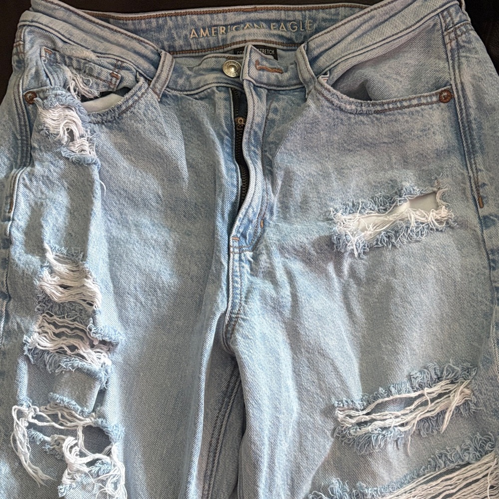 American Eagle Outfitters Light Blue Distressed Straight Leg Jeans - Mom Jeans